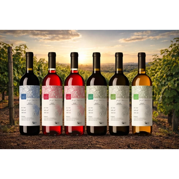 1 caixa com 6 vinhos: Vinho Tinto Isabel Seco Orgânico, Vinho Branco Seco Orgânico, 2 Vinhos Rosé Seco Orgânico, Vinho Tinto Bordô Seco Orgânico & Vinho Tinto Suave Orgânico.