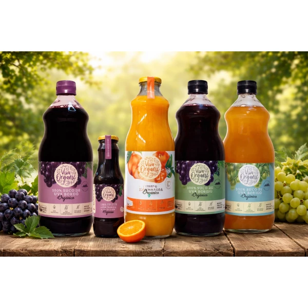 1 caixa com 6 sucos: Suco de Uva Isabel Integral Orgânico, Suco de Uva Bordô Integral Orgânico, Suco de Uva Niágara Branca Integral Orgânico, Suco de Uva Bordô Integral Orgânico, Suco de Uva Integral Orgânico e Suco de Tangerina Integral.