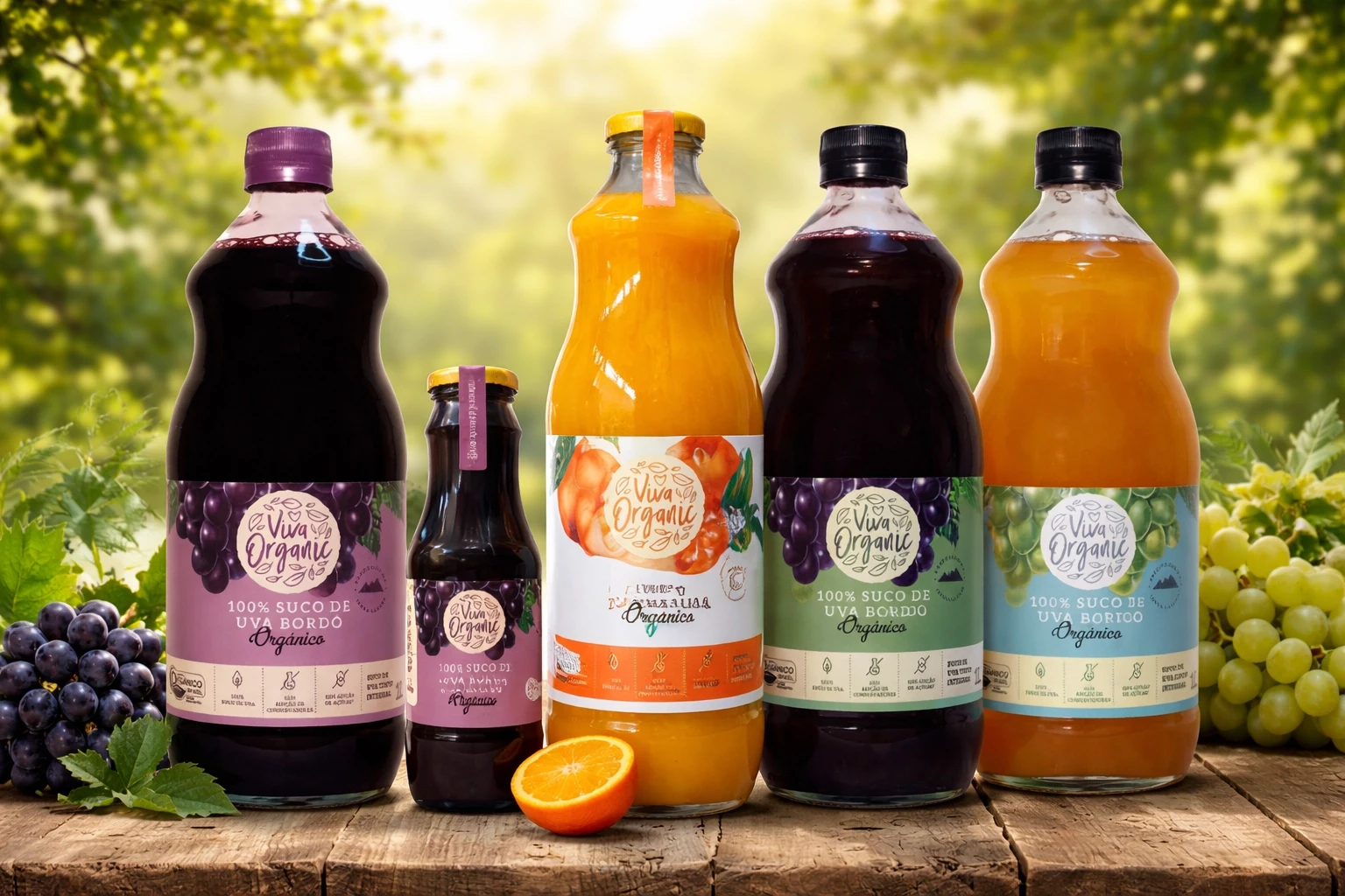 1 caixa com 6 sucos: Suco de Uva Isabel Integral Orgânico, Suco de Uva Bordô Integral Orgânico, Suco de Uva Niágara Branca Integral Orgânico, Suco de Uva Bordô Integral Orgânico, Suco de Uva Integral Orgânico e Suco de Tangerina Integral.